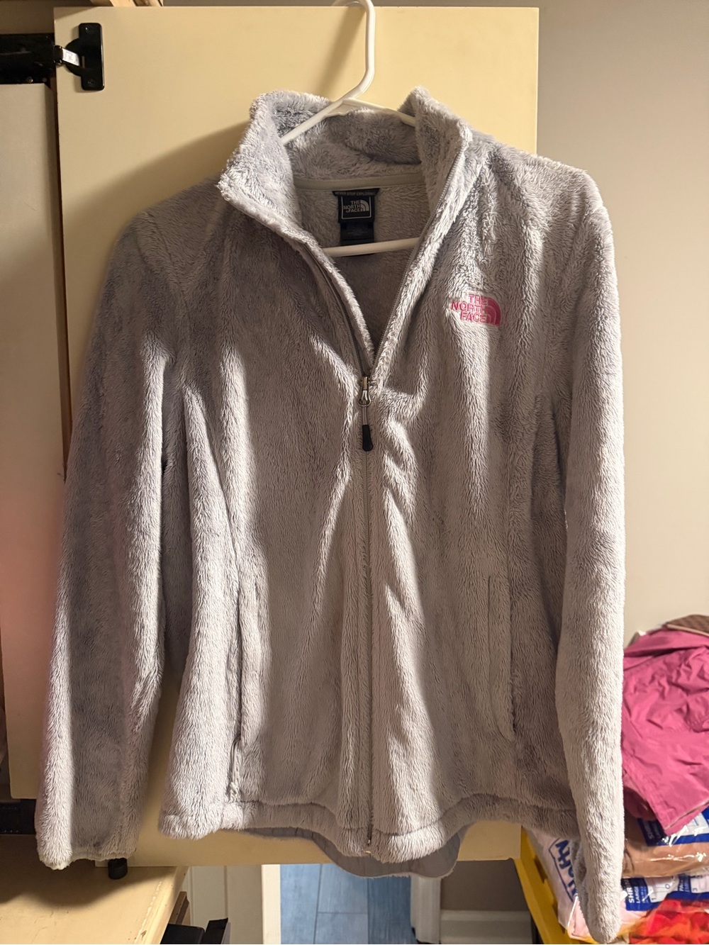 The North Face Light Gray Fuzzy Teddy Jacket with Pink Logo